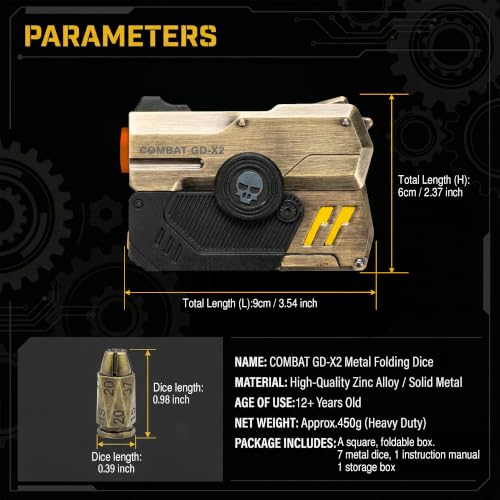 7 Piece Metal Polyhedral Bullet Dice Set with Shooting & Fidget Modes, Pistol Shaped Case & Bullet Dice for Cyberpunk Style Tabletop RPG Dice, Fidget Toy for Stress Relief (Golden) - color: Golden