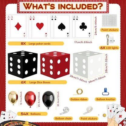 AerWo 81 Pcs Large Dice Boxes Casino Theme Party Decorations with Balloons & Jumbo Poker Cards, 11 inch Giant Dice Box with String Lights for Las Vegas Game Night Party Backdrop Red Black Golden