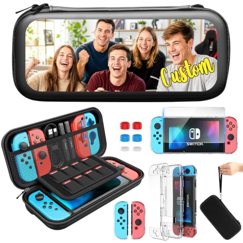 Custom Photo Carrying Case for Nintendo Switch/OLED, Personalized Name Accessories Bundle Hard Shell Travel Pouch with 8 Game Cartridges, Screen Protector, Clear Switch Cover Case, Thumb Grips, Black - size: Nintendo Switch/OLED