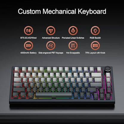 Gurjot Wireless Mechanical Keyboard, 75% Hot Swappable Custom Keyboard with Knob,PBT Keycaps,BT5.0/2.4GHz/USB-C,RGB Backlit, Mechanical Gaming Keyboards for PC/Tablet/PS/Xbox - color: Black gradient gray