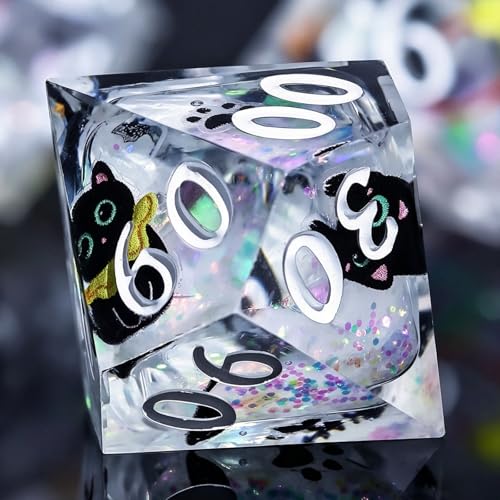 WizardsAracanum Cat Liquid Quicksand DND Dice Set Resin 7Pcs Dice DND with an Iron Box for DND COC Role Playing dice Games and Board Games Gift (Glitter Rainbow Cat) - color: Rainbow Giltter Cut Cat