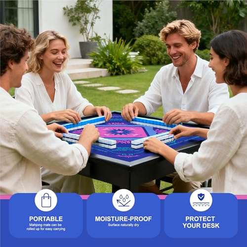 KUNTE Mahjong Mat, Blue, 32x32 Inch | Foldable, Quiet, Waterproof & Non-Slip, Printed Rules, Asian-Themed Game Nights - color: Blue