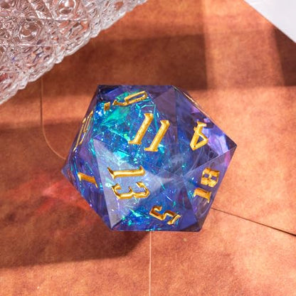 Cusdie Single D20 DND Dice with Sharp Edges and Glitter Foil Inclusions, 20 Sided D&D Dice, 33mm Handcrafted Polyhedral Dice, for Role Playing Game (Purple with White Swirl) - color: Purple With White Swirl