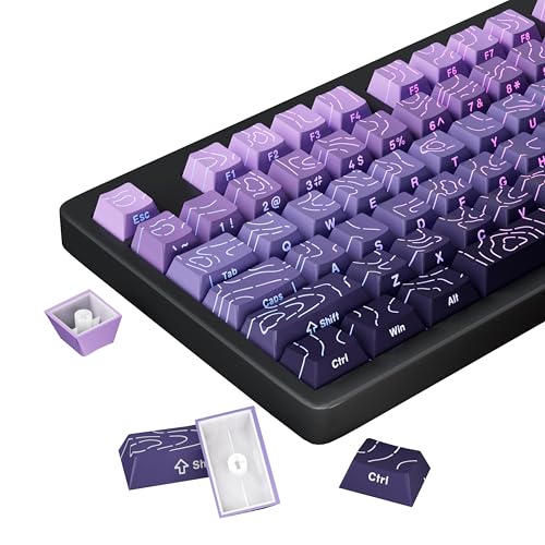 FunHub Shine Through PBT Keycaps - Purple Gradient Topographic Backlit Keycaps Set 133 Keys 60 65 75 100 Percent Cherry Profile,Side Printed Double Shot RGB Key Caps for MX Switches Gaming Keyboard - color: Purple