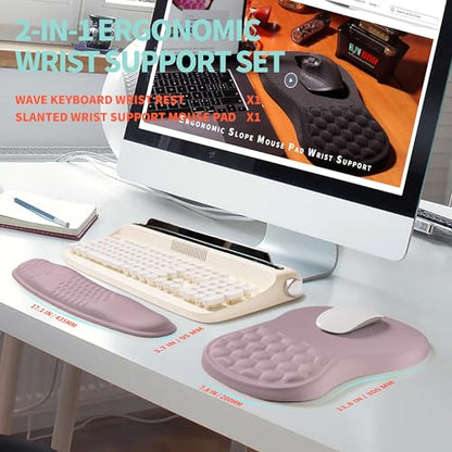 2-in-1 Ergonomic Set, Wave Rise Keyboard Wrist Rest and Massage Bulge Slope Mouse Pad Wrist Support, Cushion Memory Foam Integrated to Relieve Wrist Pain, Purple - color: Purple