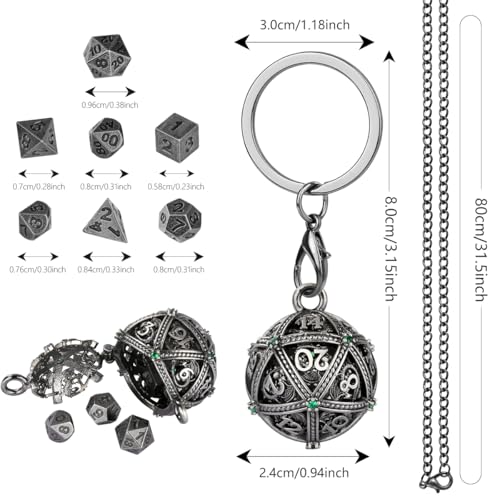 Mini DND Dice Set with Spherical Hollow D20 Metal Case Portable Keychain Necklace, Tiny 7pcs Polyhedral D&D Dice Set, DND Gifts with Gift Box, D&D Accessories for RPG（Green Diamond, Silver） - color: Dark Silver