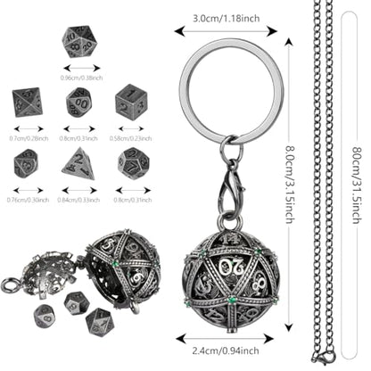 Mini DND Dice Set with Spherical Hollow D20 Metal Case Portable Keychain Necklace, Tiny 7pcs Polyhedral D&D Dice Set, DND Gifts with Gift Box, D&D Accessories for RPG（Green Diamond, Silver） - color: Dark Silver