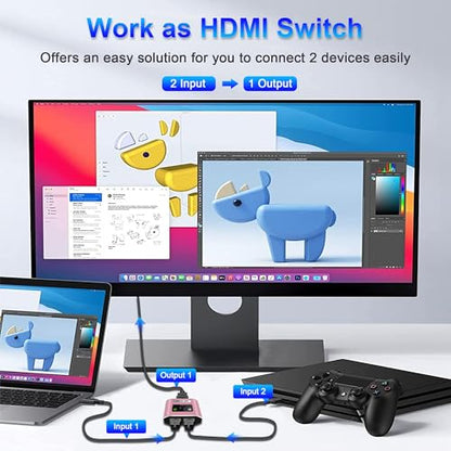 HDMI Switch Splitter 4K@60Hz, Aluminum HDMI 2.0. Bi-Directional Switch Supports 2 in 1 out or 1 in 2 out, Ideal for Connecting Devices Like Xbox, PS5/4/3, Blu-Ray players, Fire Stick, Roku, and HDTVs. - color: Pink