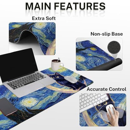 Arttown Keyboard Mouse Pad Set, 4 in 1 Desk Mat Set Cat Moon | Star Blue Large Mousepad+Keyboard Wrist Rest+Mouse Wrist Rest+Coaster Ergonomic Design for Home Office Computer - color: Cat Moon