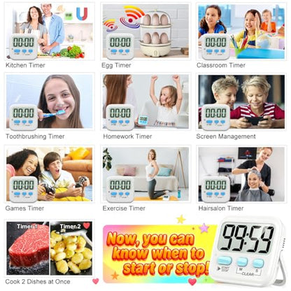2 Pack Digital Timer for Kids Classroom Kitchen Timers for Cooking | w/ Battery, Easy to View, Alarm, Mute Mode, Count Down/Up, Magnetic, Kickstand, Hanging, Classroom Timer for Teacher Supplies - color: 2 * Classic White ( 97%+choice )