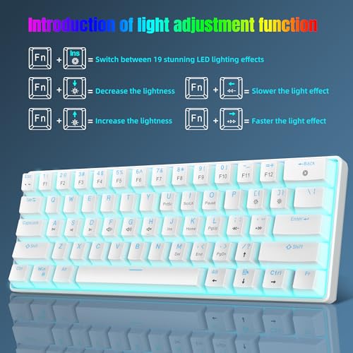 Snpurdiri Portable 60% Mechanical Gaming Keyboard (White,Red Switches) | Ice Blue LED Backlit 61 Keys Mini Wired Office Keyboard for Windows Laptop PC Mac - color: White(Ice Blue Light)/Red Switch