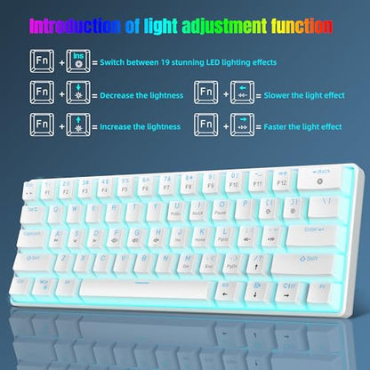 Snpurdiri Portable 60% Mechanical Gaming Keyboard (White,Red Switches) | Ice Blue LED Backlit 61 Keys Mini Wired Office Keyboard for Windows Laptop PC Mac - color: White(Ice Blue Light)/Red Switch