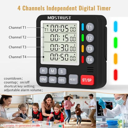 Digital Dual Kitchen Timer, 4 Channels Independent Countdown Timer, Large Display, On/Off, Loud Volume Alarm and Flashing Light with Magnetic Back, Stand, Battery Included (Black) - color: Black