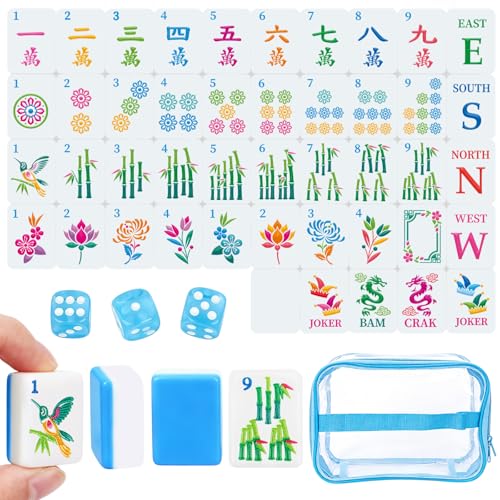 162 American Mahjong Tile Set with Storage Bag & Dice, 1.2" Mini Blue 3D Engraved Melamine Mahjong Tiles for Adults, Friends and Family Game Night, Travel Size Chinese Game Gifts - color: Blue
