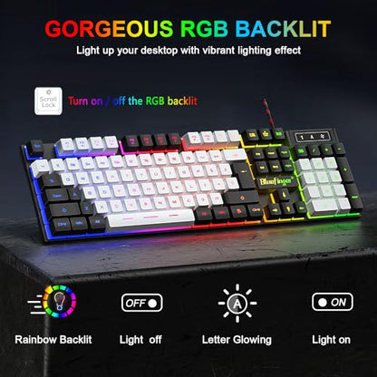 BlueFinger RGB Gaming Keyboard and Backlit Mouse Combo, USB Wired, LED Gaming Set for Laptop PC Computer Game and Work (Black & White) - color: Black & White