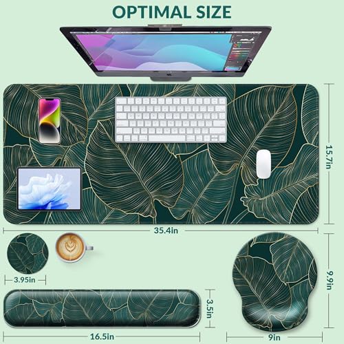Desk Mat Set Keyboard and Mouse Pad with Wrist Rest Support | Ergonomic,Pain Relief, 4-in-1 Large Big Mousepad Computer Mats,Desk Pad Matt Mats for Desktop Home & Office - color: M-Green Leaves