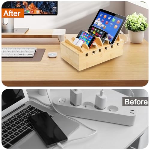 WRINGKIT Bamboo Charging Station for Multiple Devices, Hold 6 Devices | Desktop Charging Docking Stations Organizer with Removable Divider Slots, Compatible with Tablets, iPads, Cell Phone, Laptop
