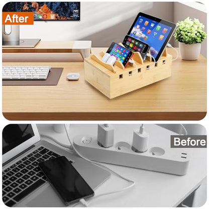 WRINGKIT Bamboo Charging Station for Multiple Devices, Hold 6 Devices | Desktop Charging Docking Stations Organizer with Removable Divider Slots, Compatible with Tablets, iPads, Cell Phone, Laptop