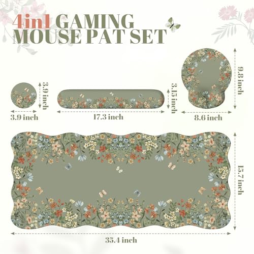 iCasso Desk Mat Set,Large Mouse Pad with Wrist Rest,Ergonomic Keyboard Wrist Support for Women,Girly Floral Computer Mat with Scalloped Edges,Non-Slip Desk Pad Home Office Gaming (Green) - color: Green