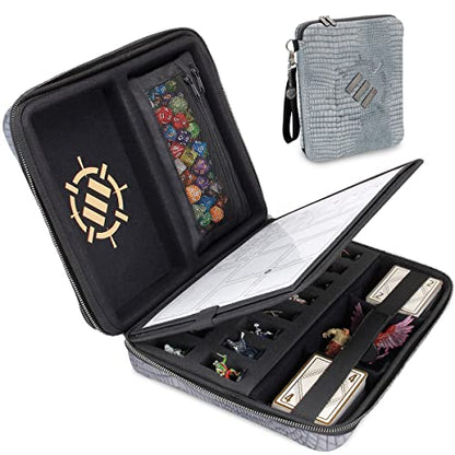 ENHANCE RPG Organizer Case - DnD Binder with Built-in Character Sheet Holder and Erasable Scribe Panel, Dice Rolling Area, Removable Pen Pouch, Miniature Foam Tray, Wrist Strap - color: Dragon Silver