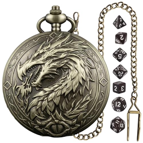 D&D Dice Set, 7PCS mini Dice with Pocket Watch Case, Easy-to-Read Colored Numbers, Dungeons and Dragons RPG Game Dice Set with Watch Shell, Dragon Design Bronze - color: Mini Dice Bronze