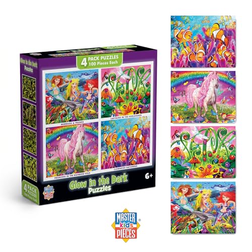 MasterPieces – Jigsaw Puzzle Set for Kids 6+ Years, 4-Pack of 100 Pieces, Educational and Fun Game, Purple Glow in the Dark Collection, Gift Idea for Children, 8" x 10 - style: Glow in the Dark V1