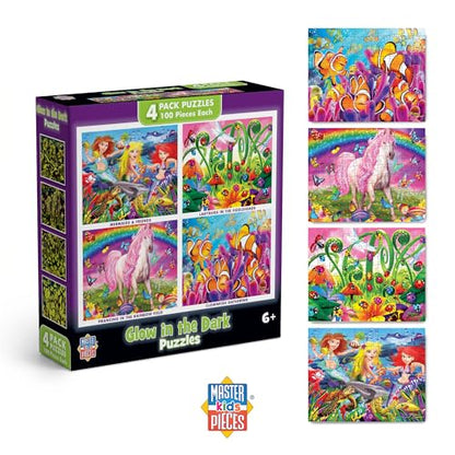 MasterPieces – Jigsaw Puzzle Set for Kids 6+ Years, 4-Pack of 100 Pieces, Educational and Fun Game, Purple Glow in the Dark Collection, Gift Idea for Children, 8" x 10 - style: Glow in the Dark V1