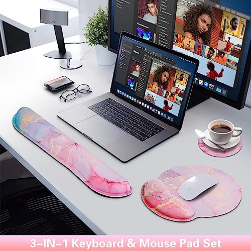 Mouse Pad with Wrist Rest Pink, 3-in-1 Wrist Support Mousepad Set, | Gaming with Anti-Skid Base,Ergonomic Mouse Pad,Memory Foam Keyboard Gel Wrist Rest - color: Pink Blue Marble