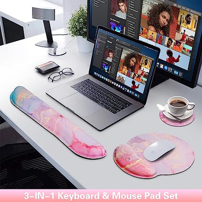 Mouse Pad with Wrist Rest Pink, 3-in-1 Wrist Support Mousepad Set, | Gaming with Anti-Skid Base,Ergonomic Mouse Pad,Memory Foam Keyboard Gel Wrist Rest - color: Pink Blue Marble