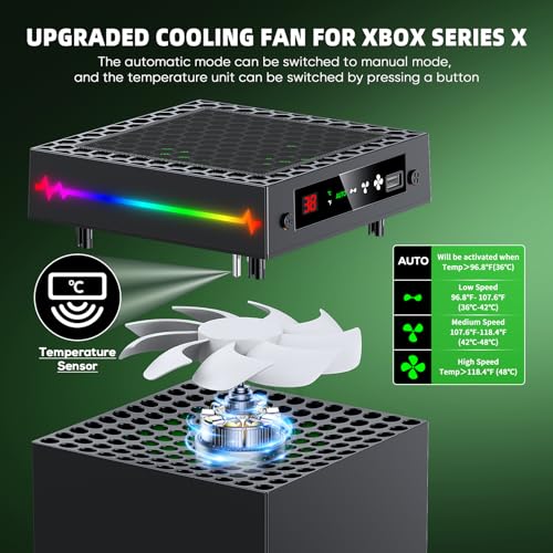 Auto Cooling Fan for Xbox Series X with LED Temperature Display&9 RGB Light | Smart Thermally-Adjustable Cooling System for Xbox Series X, 9 Lighting Modes, Cooler&Light Switch, Headset Hook, USB Port
