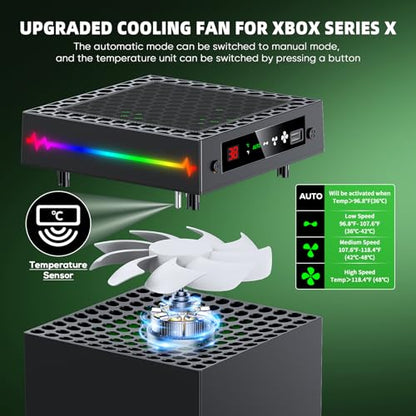 Auto Cooling Fan for Xbox Series X with LED Temperature Display&9 RGB Light | Smart Thermally-Adjustable Cooling System for Xbox Series X, 9 Lighting Modes, Cooler&Light Switch, Headset Hook, USB Port