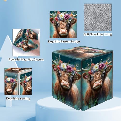 Card Deck Box for MTG Commander,Collectible Trading Storage Box Fits 120+ Single Sleeved Cards Magnetic Case PU Leather for Magic Commander TCG CCG MTG,Cute Highland Cow - color: Cute Highland Cow