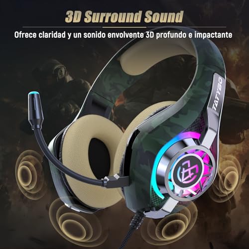 Tatybo Gaming Headset for PS5 PC, Noise Canceling Mic, RGB, Camo | Over Ear, Deep Bass Stereo Sound for FPS, Battle Royale, Lightweight for Xbox, PS4, Mobile, Nintendo, 3.5mm Devices - color: Camo