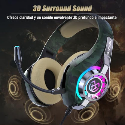 Tatybo Gaming Headset for PS5 PC, Noise Canceling Mic, RGB, Camo | Over Ear, Deep Bass Stereo Sound for FPS, Battle Royale, Lightweight for Xbox, PS4, Mobile, Nintendo, 3.5mm Devices - color: Camo