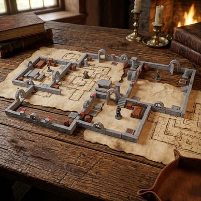 Modular Dungeon Stone Wall Terrain Set - 28mm Miniatures Scenery with Walls, Doors, Barrels, Crates Beds and So On for Tabletop Rpgs, Fantasy Wargames and Board Games (AMF01 A)