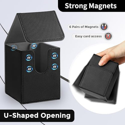 MTG Deck Box with 2 Dividers, Large Capacity Commander Deck Box Fits 100+ Double-Sleeved Cards, PU Leather Card Case Compatible with Magic Commander YuGiOh TCG CCG, Black - color: Black 01, size: Vertical, 100 Double-sleeved Cards