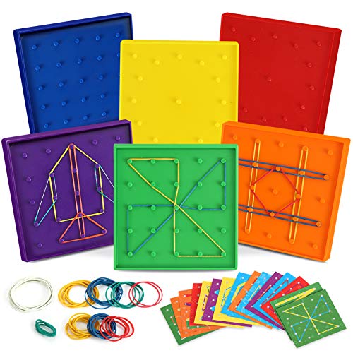 6 Pack Double-Sided Geoboard Math Preschool Classroom Manipulative for Kids | Geo Board Set with Rubber Bands and 15 Pattern Cards for STEM Shapes, Classroom Must Haves, Fine Motor Games for Kids Party