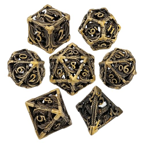 MoKo Dragon Hollow Metal DND Dice Set, Bronze | 7 Pcs Polyhedral, D20 D12 D10 D8 D6 D4, For Dungeons and Dragons RPG Games, With Gift Box - color: 4 - Bronze