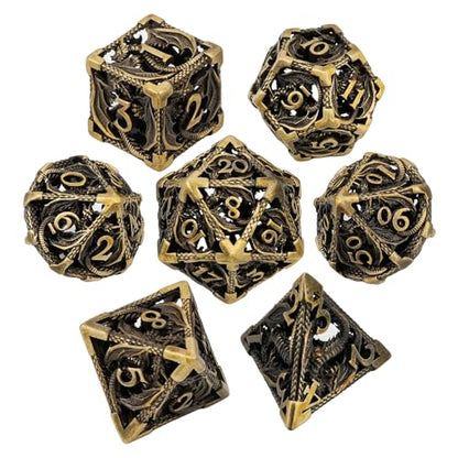 MoKo Dragon Hollow Metal DND Dice Set, Bronze | 7 Pcs Polyhedral, D20 D12 D10 D8 D6 D4, For Dungeons and Dragons RPG Games, With Gift Box - color: 4 - Bronze