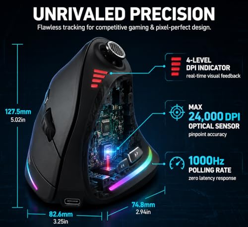 TKMARS Wireless Ergonomic Vertical Gaming Mouse with Joystick, Bluetooth & 2.4G, 12 Programmable Buttons, Adjustable 24000 DPI, Rechargeable RGB Computer Mouse for PC, MacBook & Laptops