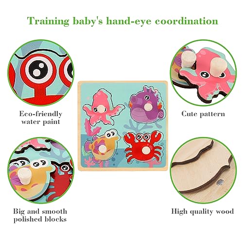 Wooden Peg Puzzles for Toddlers 1-3, Kids' Educational Preschool Peg Puzzle Toy, Set of 4 Toddler Puzzles - Farm, Dinosaur, Fruit and Marine Animals, Ideal Gift for Ages 1 2 3 Boys and Girls - color: Style a