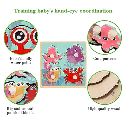 Wooden Peg Puzzles for Toddlers 1-3, Kids' Educational Preschool Peg Puzzle Toy, Set of 4 Toddler Puzzles - Farm, Dinosaur, Fruit and Marine Animals, Ideal Gift for Ages 1 2 3 Boys and Girls - color: Style a