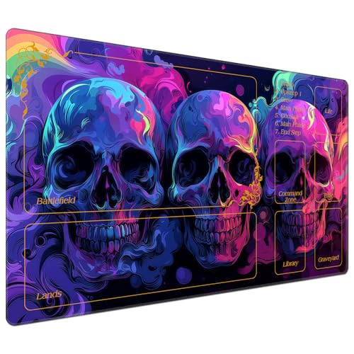 DEGDFSGR for MTG Playmat with Zones 24 x 14 inches for TCG Playmats Non-Slip Rubber Base Commander Play Mat for MTG Mat Iorcana Trading Card Game, Blue and Purple Skull Head - color: Blue and Purple Skull Head, size: 24" x 14"