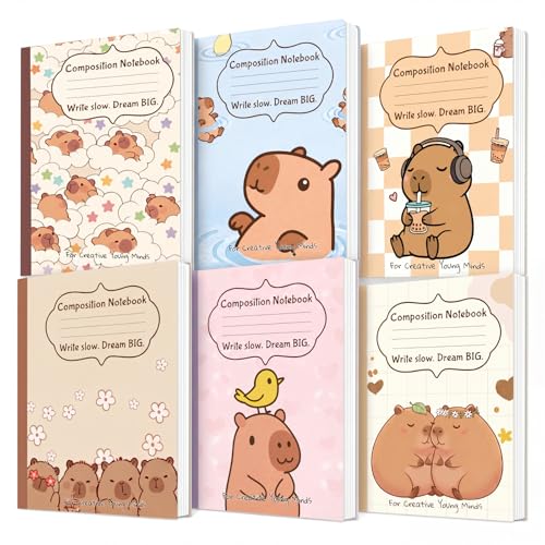 Glenmal 6 Pcs Composition Notebook Wide Ruled Cute Capy Assorted Composition Notebook 110 Page 7-1/2" x 9-1/4" Journal Gift for Back to School First Day of School Students Teacher Capy Lovers - style: Capybara