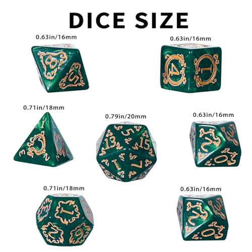 DND Dice Set - 7 Polyhedral Role Playing Dice with Gold Dragon Design, Acrylic D&D Dice Perfect for Dungeons and Dragons, Pathfinder, Warhammer, RPG Games (Green) - color: Gold Dragon-green