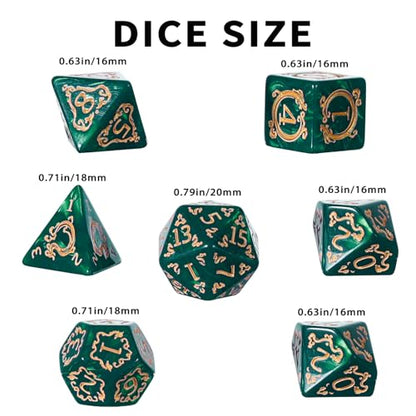 DND Dice Set - 7 Polyhedral Role Playing Dice with Gold Dragon Design, Acrylic D&D Dice Perfect for Dungeons and Dragons, Pathfinder, Warhammer, RPG Games (Green) - color: Gold Dragon-green