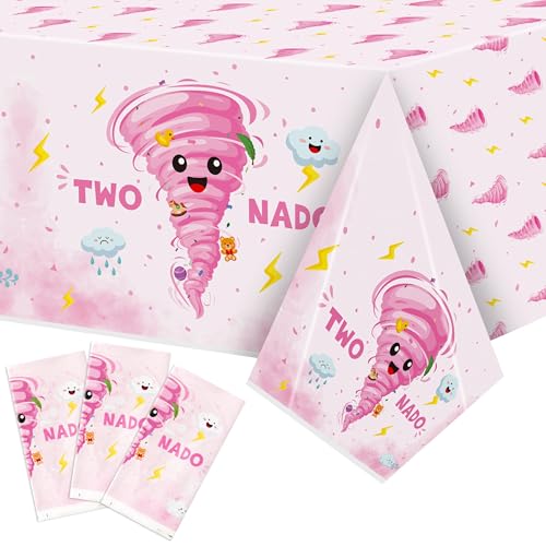 Two Nado Party Tablecloths - 3Pcs Pink Tornado Birthday Party Table Covers Decorations, Cute Two Nado Themed Rectangular Plastic Disposable Table Cloth Decor for Baby Girls 2nd Birthday Baby Shower - color: Pink Two Nado