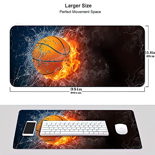 Desk Mat,Basketball Fire and Water Gaming Mouse Pad,XXL Extended Mouse Pad Mat for Office,Computer,Keyboard with Non-Slip Base Stitched Eges Mousepad 35''×15.7''×0.12'' - color: Basketball Fire and Water