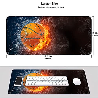 Desk Mat,Basketball Fire and Water Gaming Mouse Pad,XXL Extended Mouse Pad Mat for Office,Computer,Keyboard with Non-Slip Base Stitched Eges Mousepad 35''×15.7''×0.12'' - color: Basketball Fire and Water