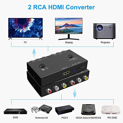 2 AV to HDMI, 1080P/720P TV 2 Way RCA Composite CVBS AV Switch to HDMI Video Audio Converter Adapter Support 4:3/16:9 Switching, for Sega Xbox PS2 PS3 N64 NGC SNES WII VHS VCR Camera DVD - style: 2 RCA Converter